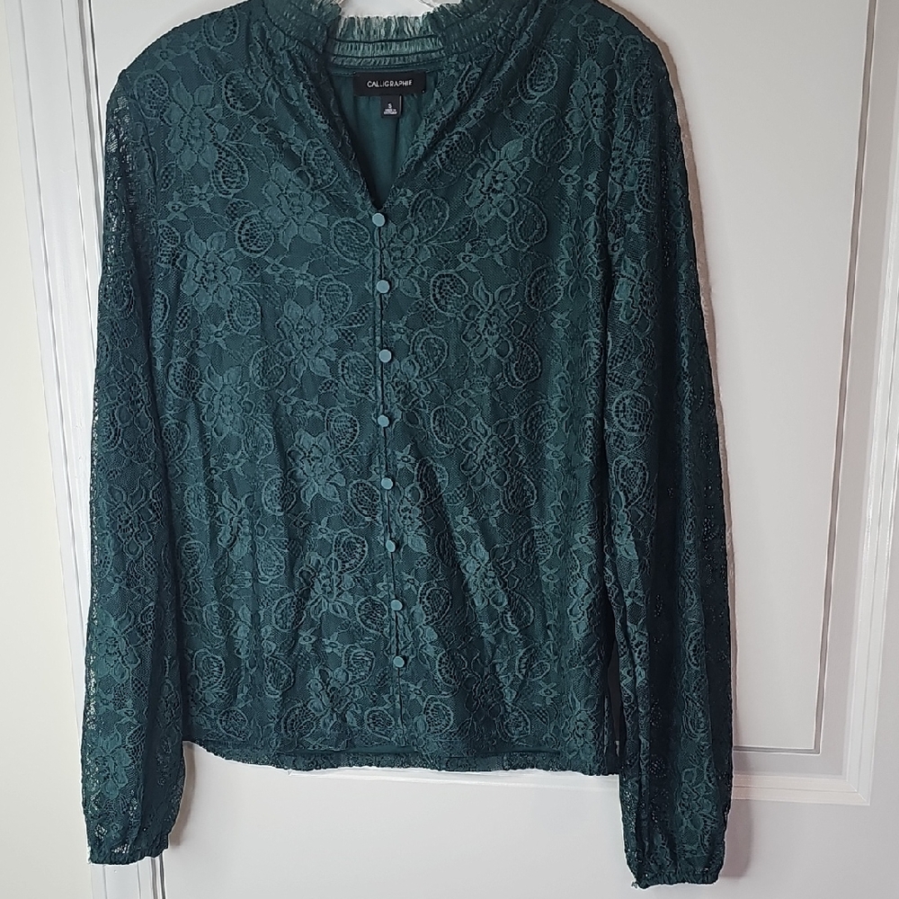 Calligraphie Women's Dark Teal Lace Button-Front Blouse Size S‎
